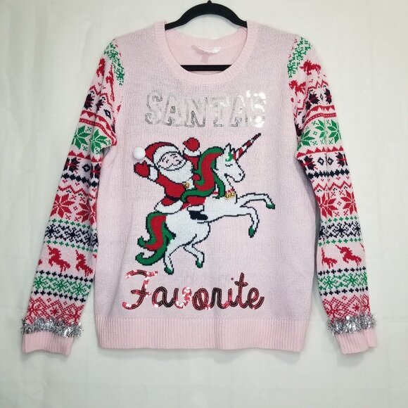 No Boundaries Santas Favorite Ugly Christmas Sweater pink sz L junior bells xmas - Picture 1 of 9